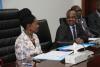 The Chair of Council Prof. Julia A. Ojiambo sharing with the Ag. Vice Chancellor Prof. Mbeche before the commencing of the ceremony